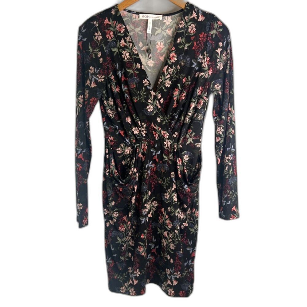 BCBGeneration NWOT Vneck Faux Wrap Dress Black Floral‎ Long Sleeves Sz XS